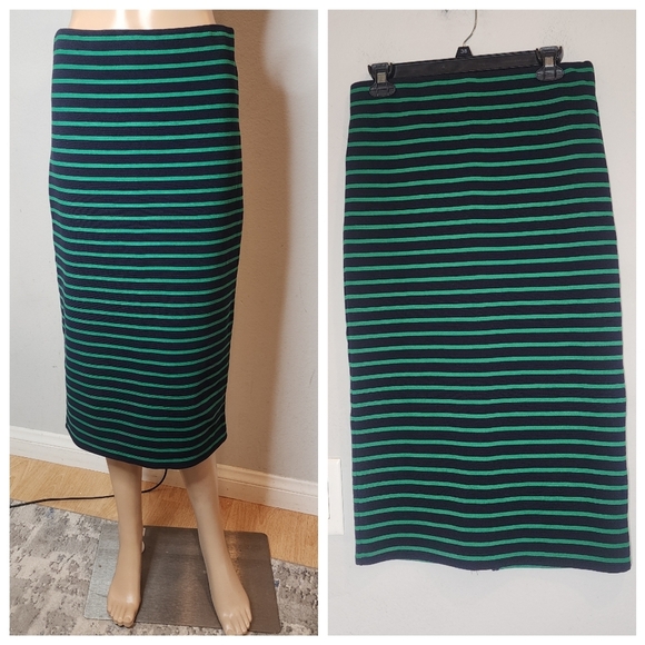 Ann Taylor Loft Stretch Knit Pull On Midi Skirt Blue Green Stripe Size small - Picture 1 of 13